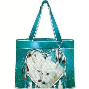 Carol Cavalaris Teal Quilted Wolf Heart Tote Bag NWT